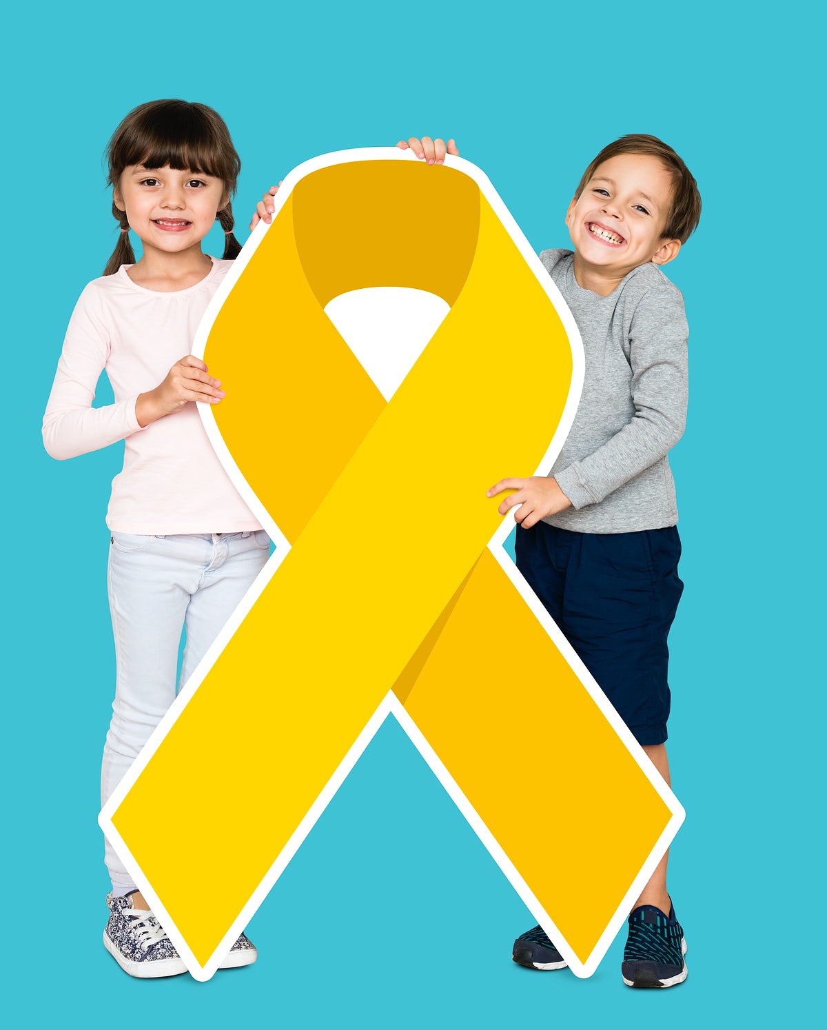 Free Kids Holding Gold Ribbons Supporting Childhood Cancer Awareness