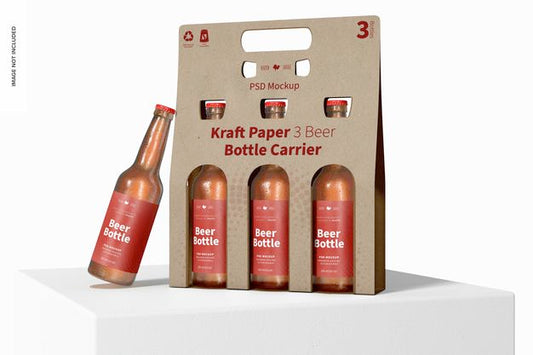Free Kraft Paper 3 Beer Bottle Carrier Mockup, On Surface Psd