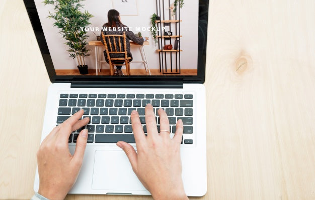 Free Laptop Mockup With Woman Working At Home Psd