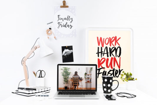 Free Laptop Mockup With Workspace Composition Psd