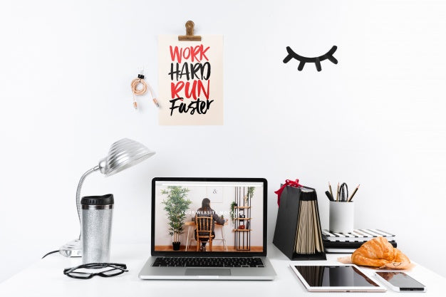 Free Laptop Mockup With Workspace Composition Psd