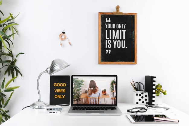 Free Laptop Mockup With Workspace Composition Psd