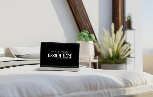 Free Laptop On Desk In Work Space Mockup Psd