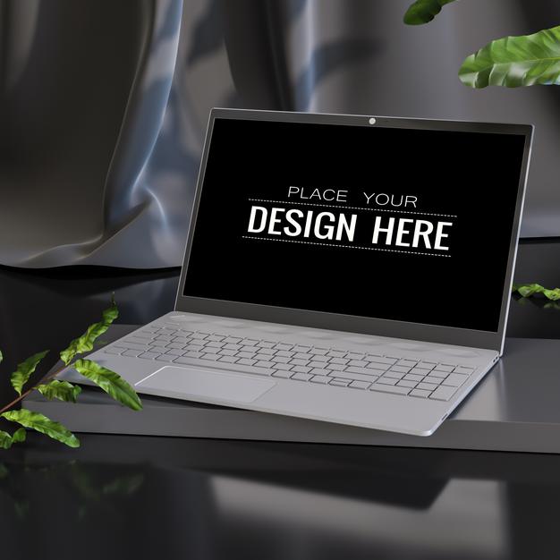 Free Laptop On Desk In Work Space Mockup Psd