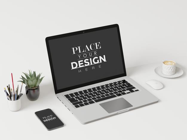 Free Laptop On Desk In Work Space Psd Mockup Psd