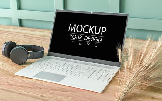 Free Laptop On Desk In Work Space Psd Mockup Psd