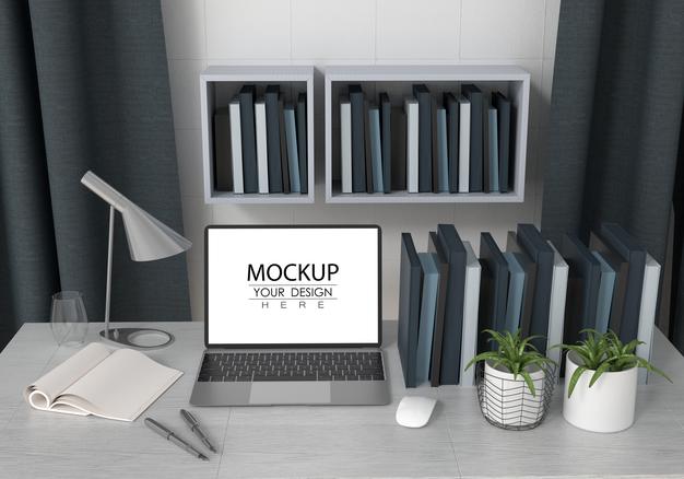 Free Laptop On Desk In Work Space Psd Mockup Psd