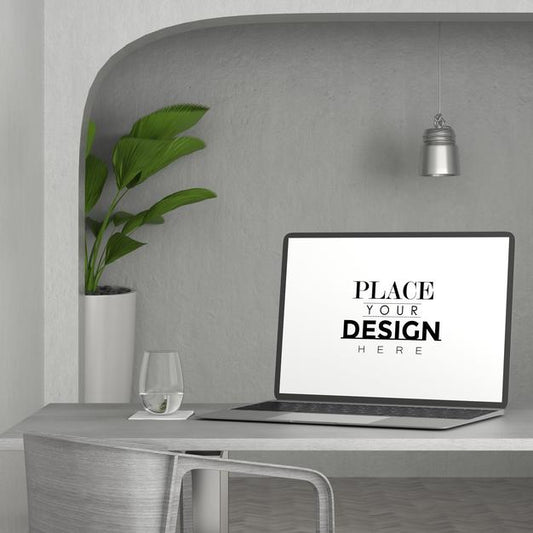 Free Laptop On Desk In Work Space Psd Mockup Psd