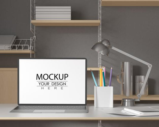 Free Laptop On Desk In Work Space Psd Mockup Psd