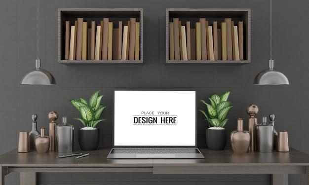 Free Laptop On Desk In Work Space Psd Mockup Psd