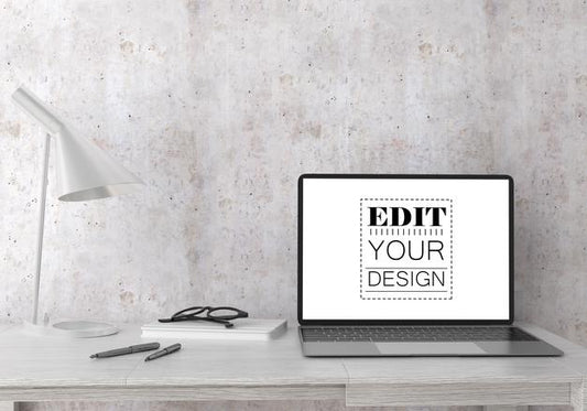 Free Laptop On Desk In Work Space Psd Mockup Psd