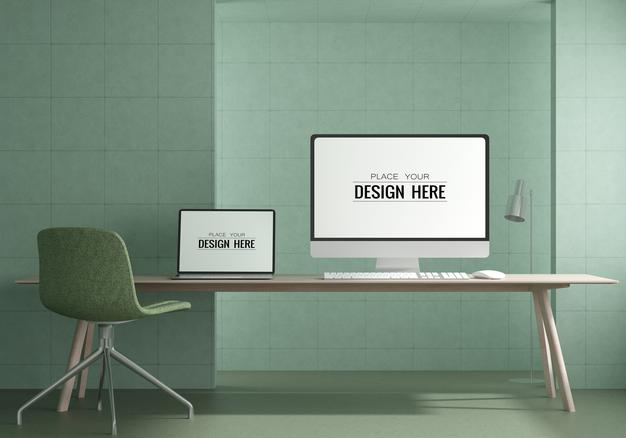 Free Laptop On Desk In Work Space Psd Mockup Psd