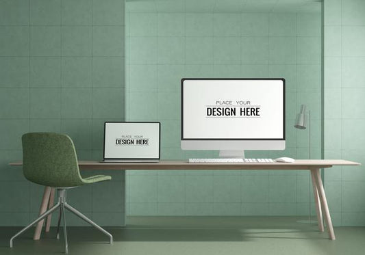 Free Laptop On Desk In Work Space Psd Mockup Psd