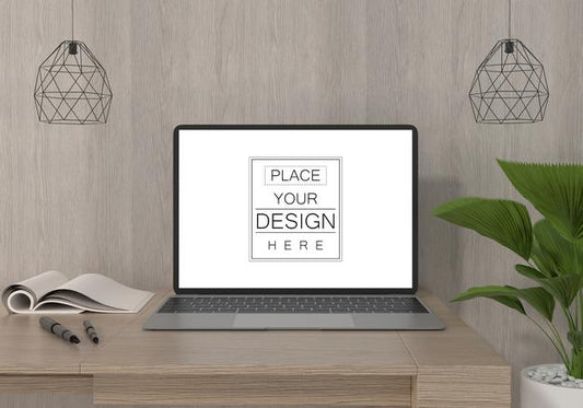 Free Laptop On Desk In Work Space Psd Mockup Psd