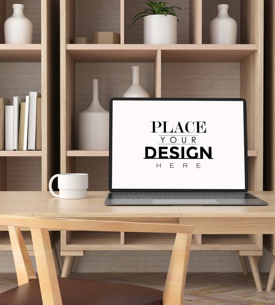 Free Laptop On Desk In Work Space Psd Mockup Psd