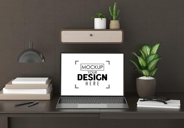 Free Laptop On Desk In Work Space Psd Mockup Psd