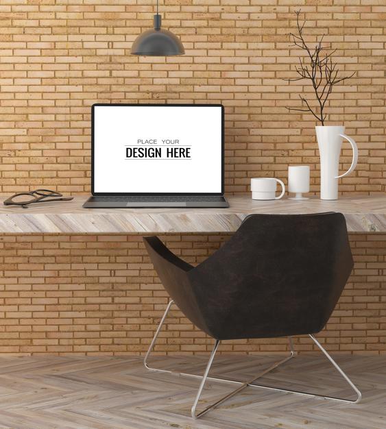 Free Laptop On Desk In Work Space Psd Mockup Psd