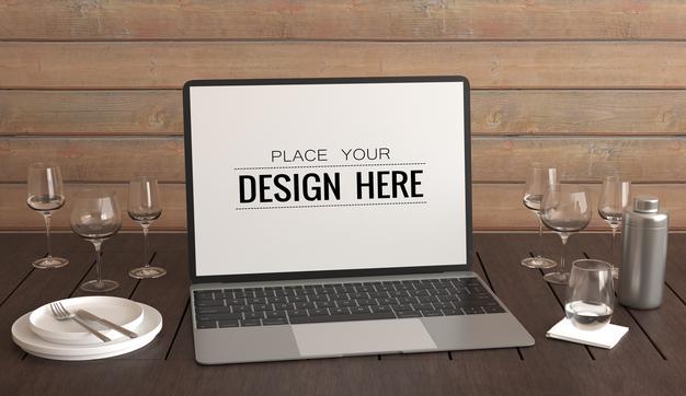 Free Laptop On Desk In Work Space Psd Mockup Psd