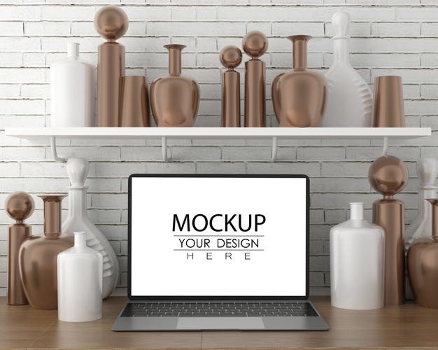 Free Laptop On Desk In Work Space Psd Mockup Psd