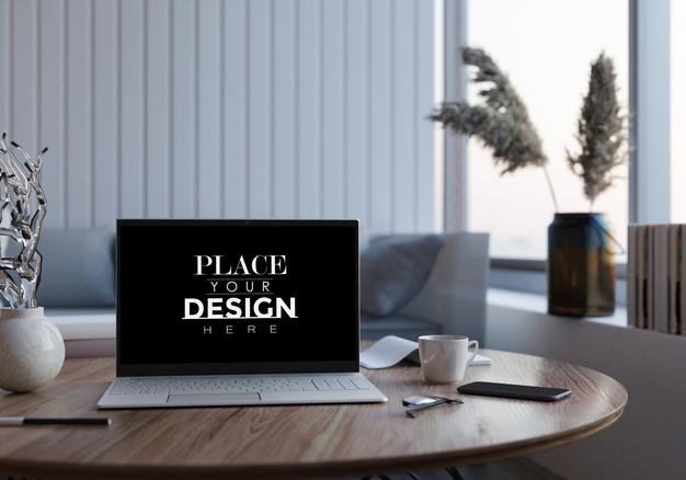 Free Laptop On Desk In Workspace Mockup Psd