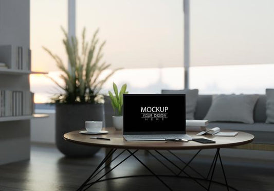 Free Laptop On Desk In Workspace Mockup Psd