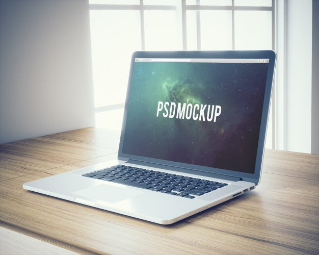 Free Laptop On Wooden Desk Background Mock Up Psd