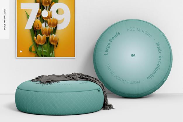 Free Large Poufs Mockup, Leaned Psd