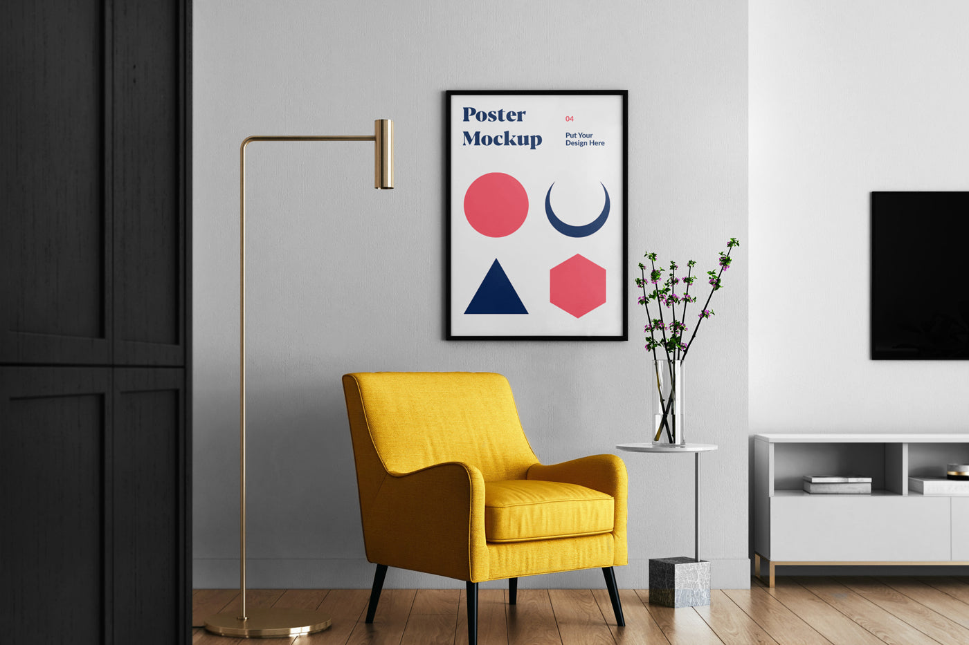 Free Living Room With Poster Mockup