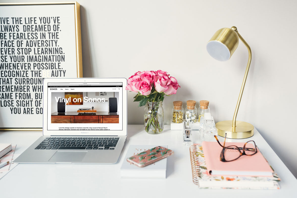 Free Macbook Air Mockup in Feminine Home Office