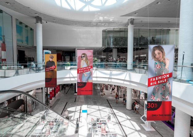 Free Mall Advertising Billboard Mock-Ups Panoramic View Psd