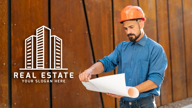 Free Man Looking At Plans With Hard Hat Psd