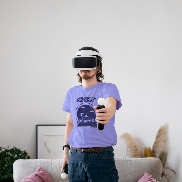 Free Man Playing Video Games At Home With Vr Headset Psd