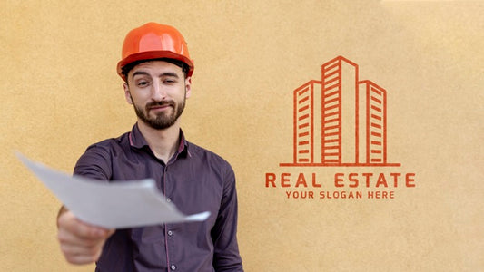 Free Man With Hard Hat Holding A Blurred Paper Psd