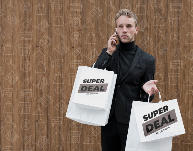 Free Man With Shopping Bags Talking Aver Phone Psd