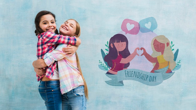 Free Medium Shot Little Girls Hugging With Wall Mock-Up Psd