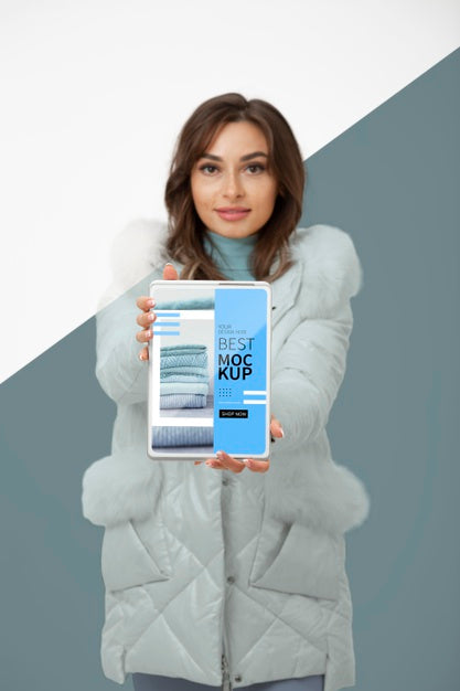 Free Medium Shot Model Holding Tablet Psd