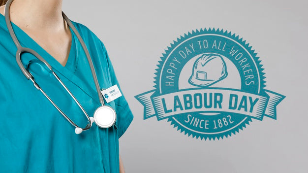 Free Medium View Of Woman With Stethoscope And Labour Day Badge Psd