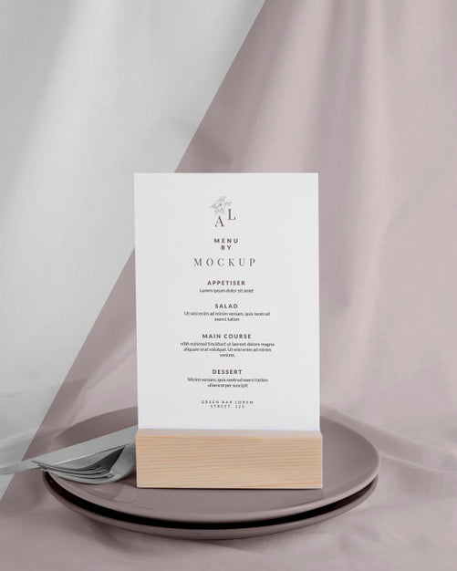 Free Menu Mock-Up With Wooden Stand Psd