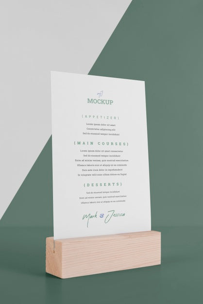 Free Menu Mock-Up With Wooden Stand Psd