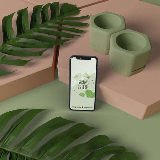 Free Mock-Up 3D Decorations With Mobile On Table Psd