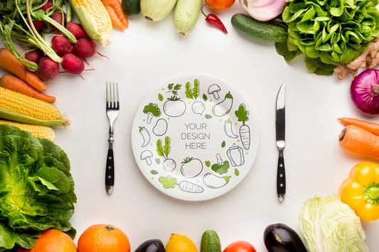 Free Mock-Up And Cutlery With Frame Made From Delicious Fresh Veggies Psd
