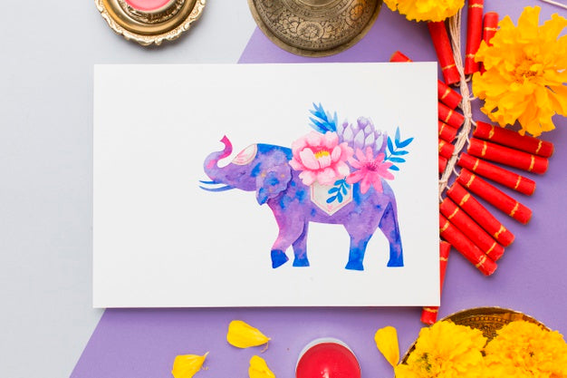 Free Mock-Up Diwali Hindu Festival Floral Elephant Psd