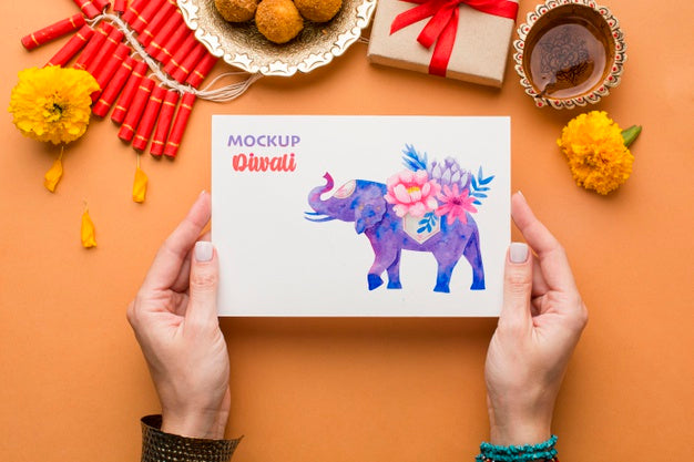 Free Mock-Up Diwali Hindu Festival Watercolour Elehpant Psd