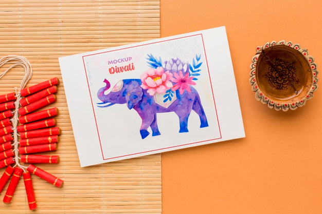 Free Mock-Up Diwali Hindu Festival Watercolour Elehpant Top View Psd