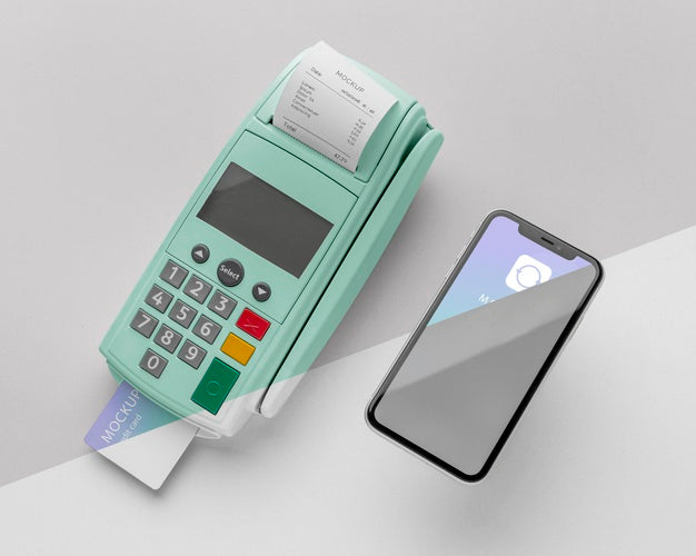 Free Mock-Up E-Payment With Smartphone And Payment Terminal Psd