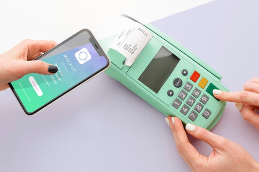 Free Mock-Up E-Payment With Smartphone And Payment Terminal Psd