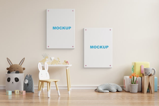 Free Mock Up Poster Frame In Children Room 3D Rendering Psd