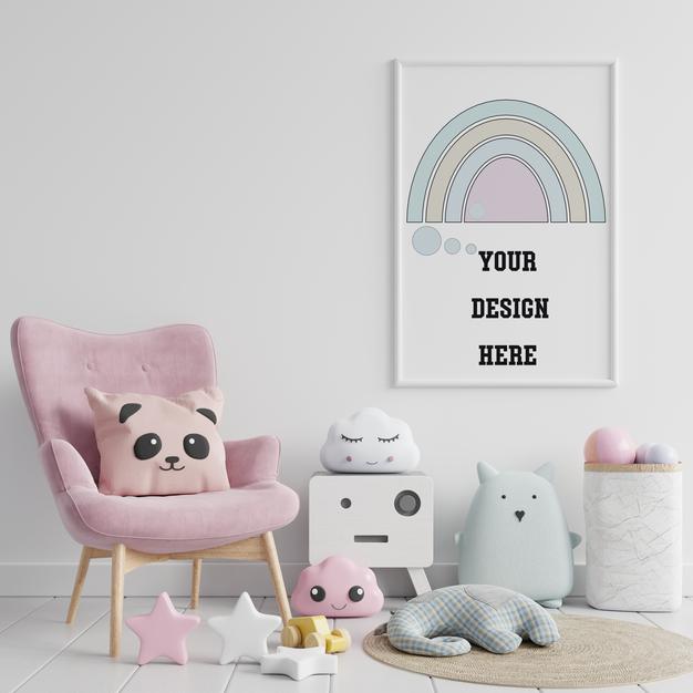 Free Mock Up Poster Frame In Children'S Room ,3D Rendering Psd