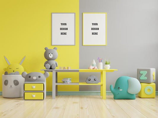 Free Mock Up Poster Frames In Children'S Room On Yellow Illuminating And Ultimate Gray Wall Psd