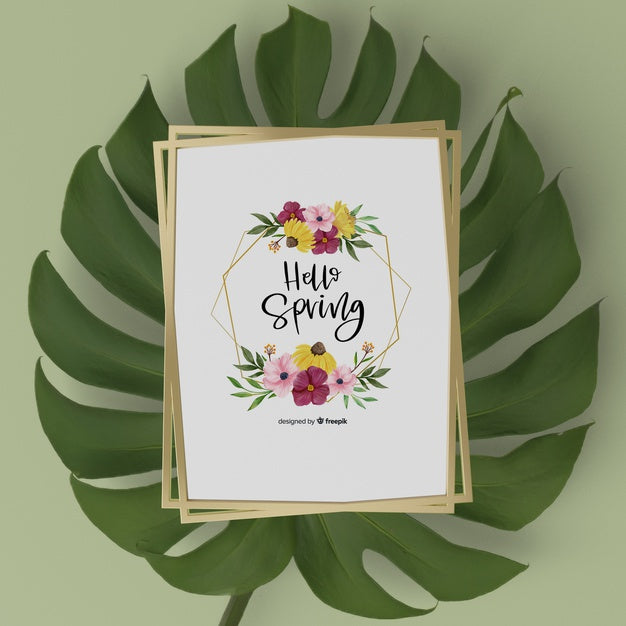 Free Mock-Up Spring Card On 3D Leaf Psd